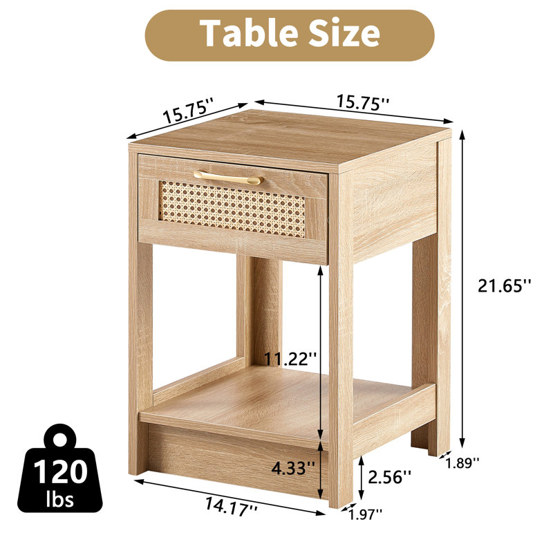 Alpern 15.75" Wide Rattan Drawer Natural End Table, WIth Open Storage Space With Mid-level Cut-outs And Solid Wood legs Side Table