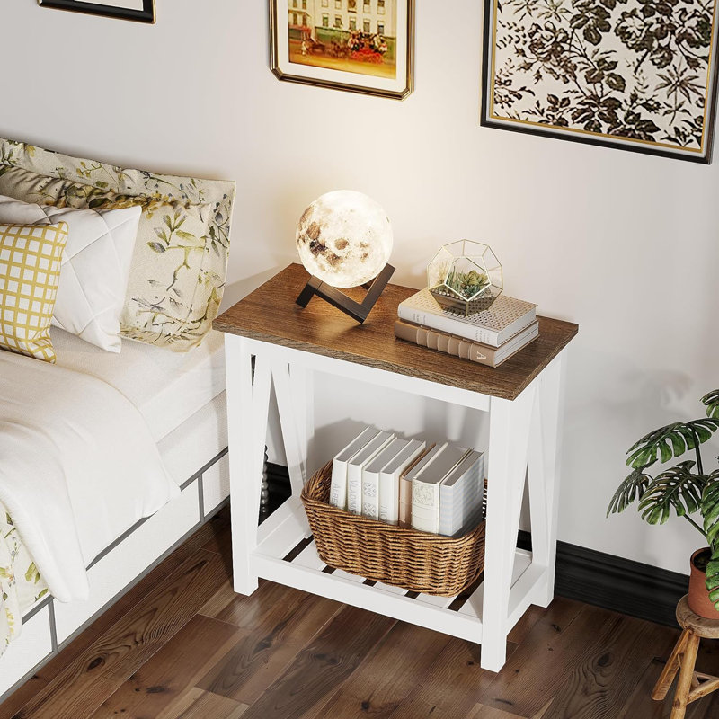 Table de bout à lattes 23,6 "avec rangement, Blanc