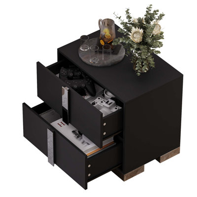 Modern End Table With Drawers, Elegant Nightstand With Metal Foot,Wood Bedside Table With Mirrored Metal Handles,Sofa Side End Table For Bedroom Living Room Office,Black