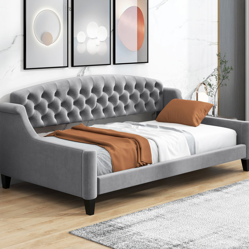 Lit de jour moderne à boutons gris, cadre simple en bois massif et contreplaqué, polyvalent pour la décoration intérieure, gris facile à installer avec tête de lit