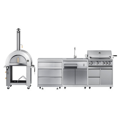 Cuisine modulaire KoolMore Outdoor Kitchen Series avec four à pizza double combustible, armoire à 3 tiroirs, évier, barbecue de 30 po et armoire en acier inoxydable (km-OKSKIT-CONFIG103)