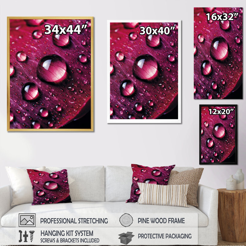 Rose rouge avec des gouttes de pluie, H 40 po x l 30 po x P 1,5 po, Cadre doré à une seule photo