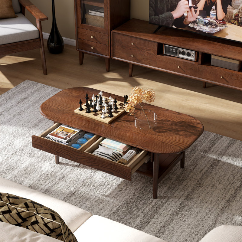 47"W Solid Oak Mid-Century Modern Coffee Table with Drawer and Storage Shelf, Brown Oak, 16.54" H x 47.24" L x 22.05" W