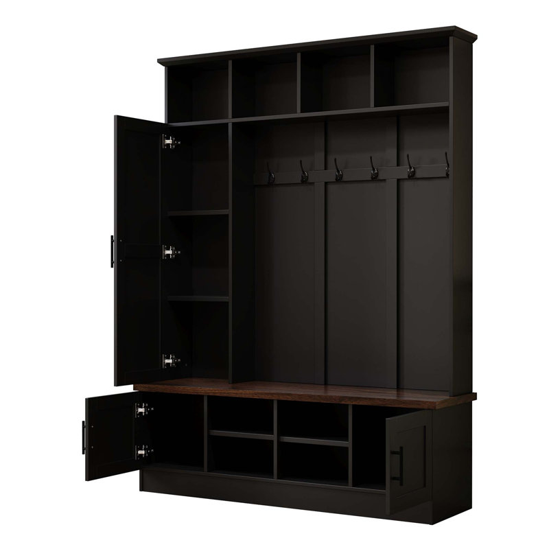 Versatile 3-In-1 Hall Tree With 6 Hooks, Farmhouse Storage Bench, Adjustable Shelves For Entryway And Mudroom