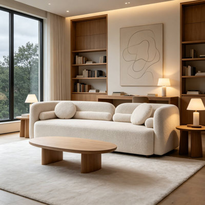 89" Modern Curved Upholstered Boucle Sofa, 3-seater With 4 Pillows