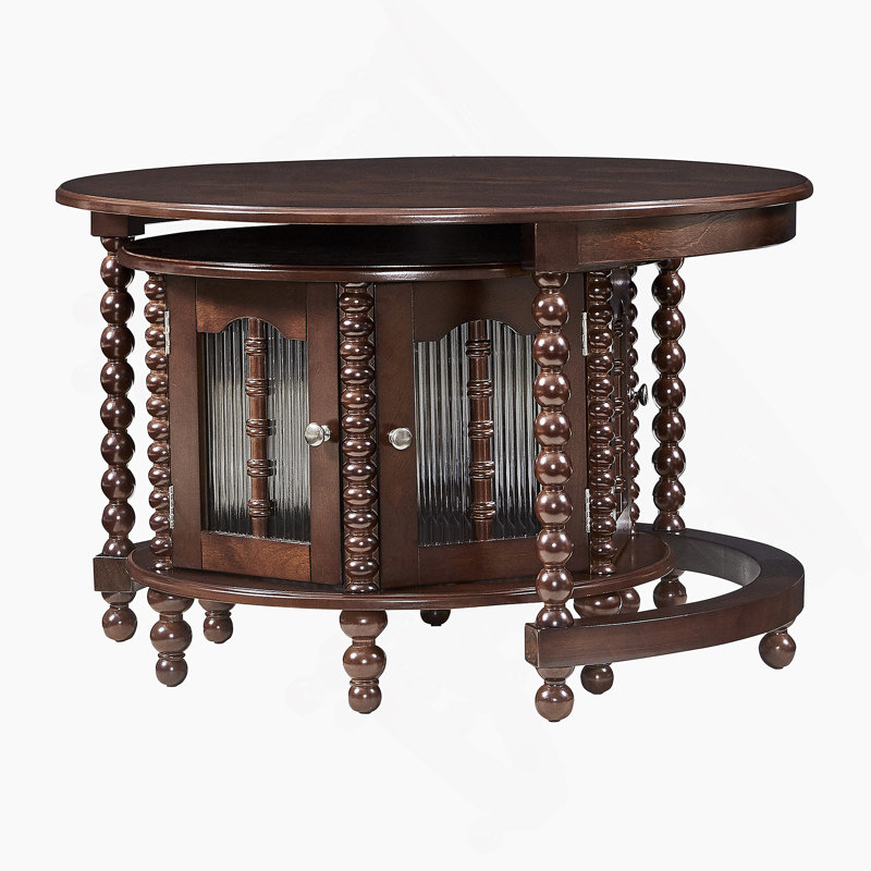Table basse gigogne ronde Vintage, six portes décoratives en verre en forme de bambou, pieds rétro perlés, noyer, 31,5 po