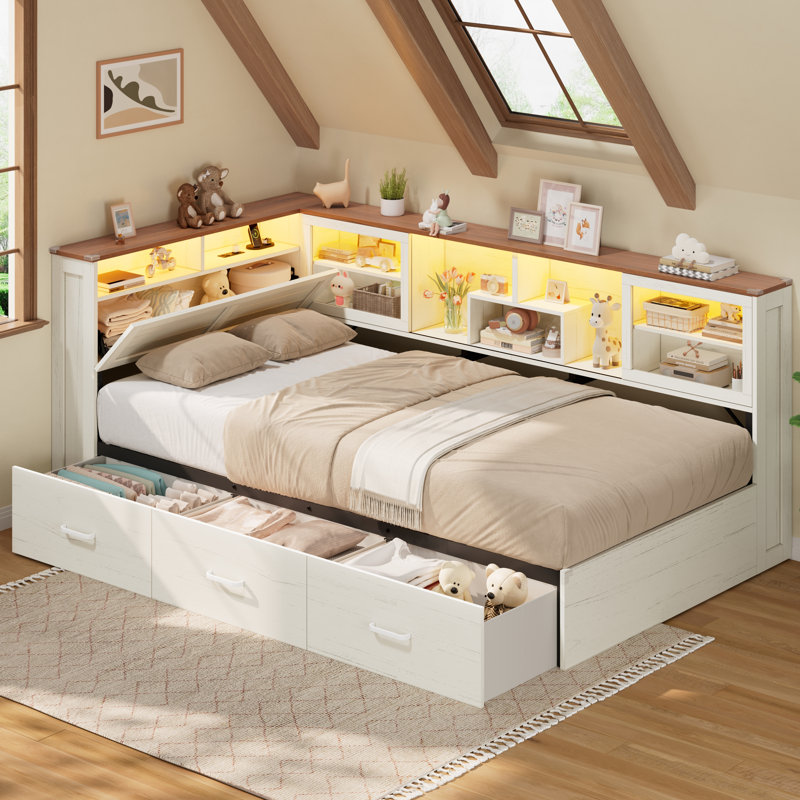 Lit de jour simple avec rangement et tête de lit bibliothèque coulissante en verre, cadre de lit d'angle en bois de style champêtre avec 3 tiroirs de rangement, étagères latérales à 2 niveaux, lumières DEL et station de recharge, lit convertible pour petite chambre, aucun sommier requis