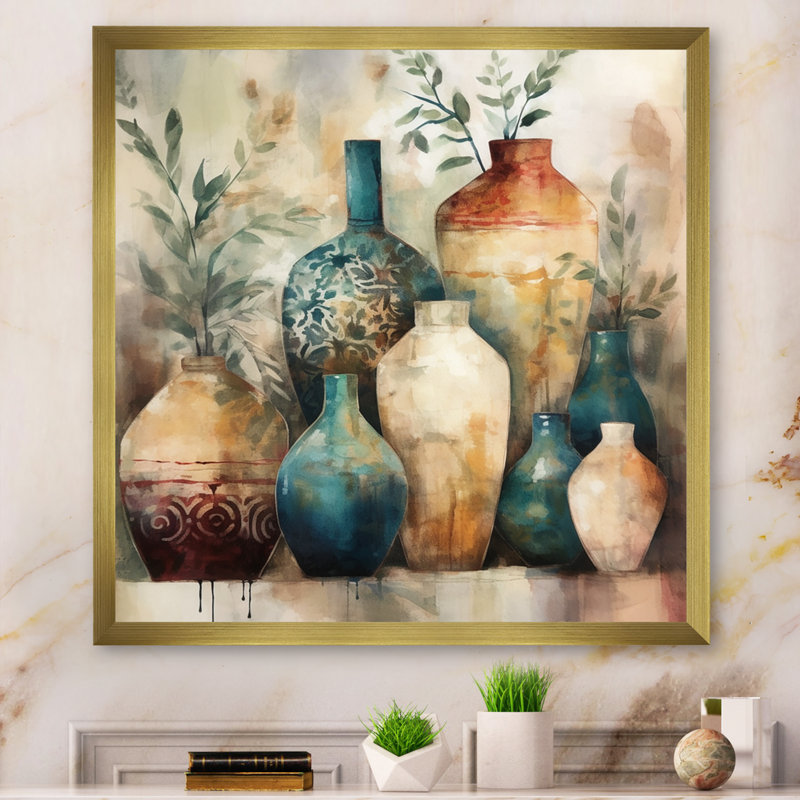 Poterie artisanale verte et orange Kingsfield I - Boho Pottery, reproduction d'art encadrée, H 16 po x l 16 po, Doré