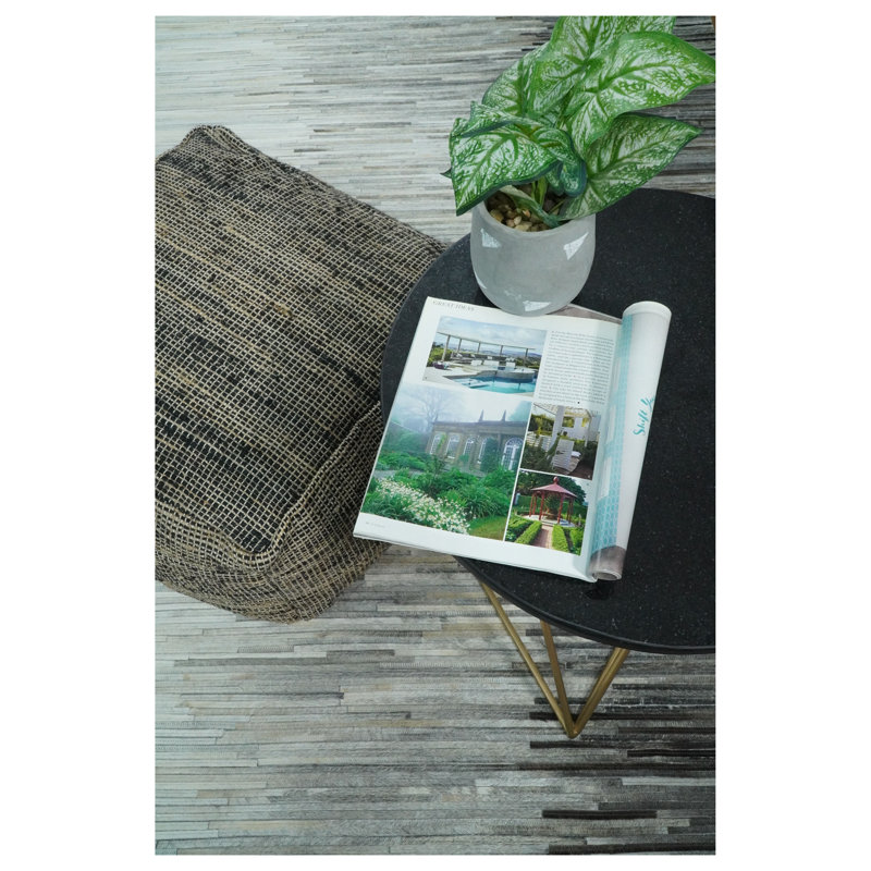 Tapis gris et argent en cuir véritable Modern, Rectangle 5 pi x 8 pi