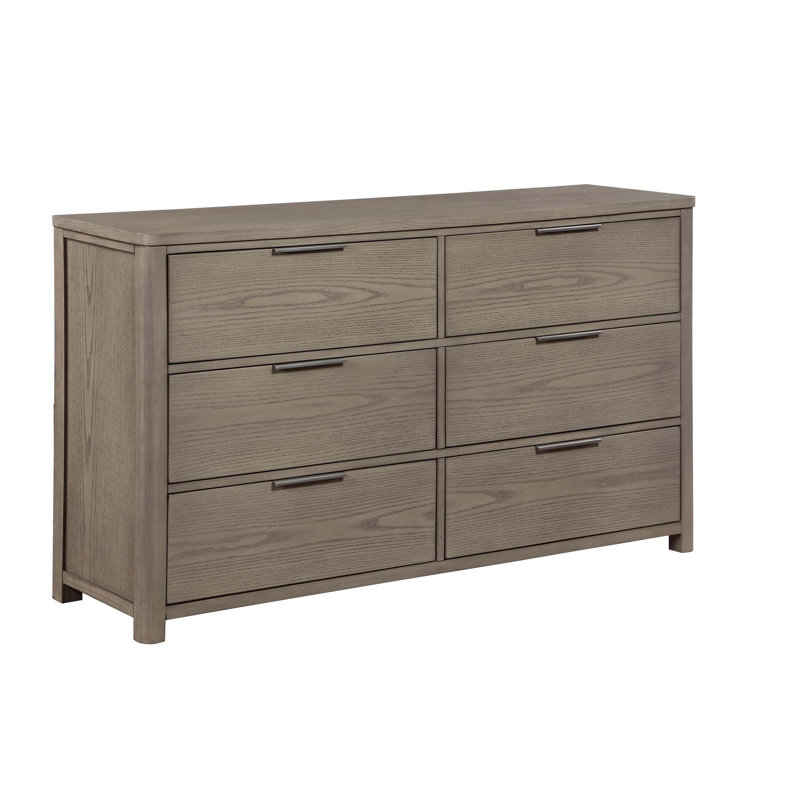 Commode contemporaine à 6 tiroirs à queue d'aronde de style contemporain gris clair, fabrication en bois durable pour le rangement de la chambre à coucher