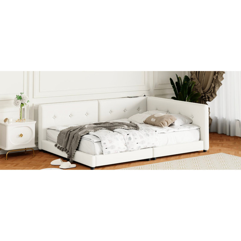 Lit tapissier grand avec structure robuste et confortable en lin beige