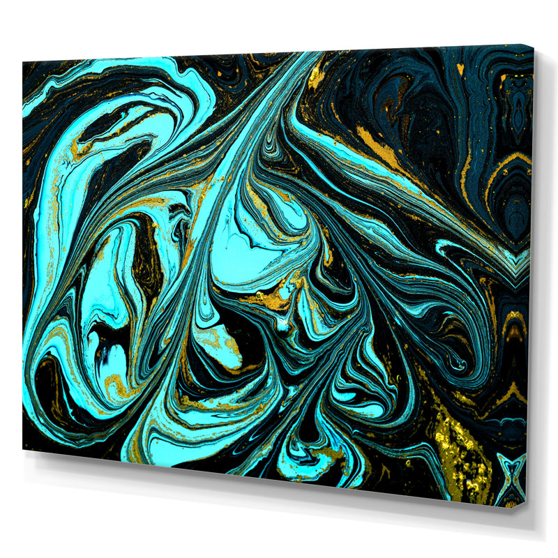 Art abstrait marbré turquoise abstrait - décoration murale moderne en toile, H 24 po x l 36 po x P 1 po, Toile tendue