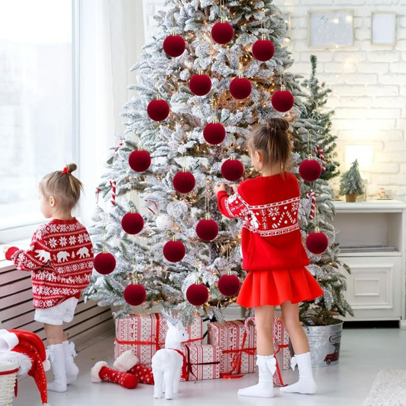 Boules de Noël décoratives en velours rouge vin floqué de 9,9 cm (3,9 po), à suspendre au sapin pour les fêtes de fin d'année, lot de 9