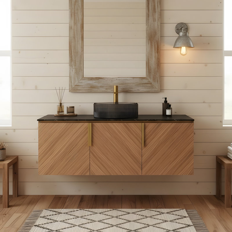 Meuble-lavabo mural 48 po avec portes doubles et lavabo rond en verre noir transparent