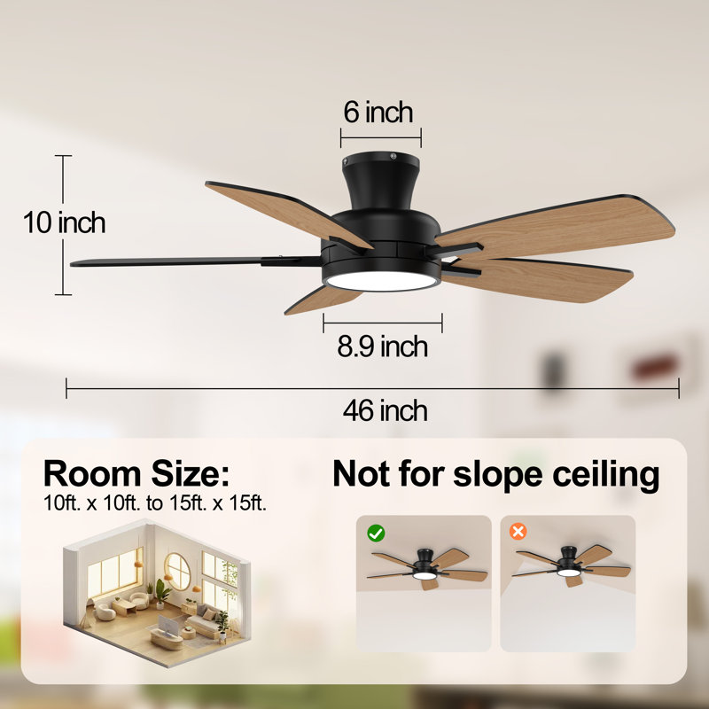 Aare 46'' Flush Mount Ceiling Fan With Light, Black with Walnut/Black Blades