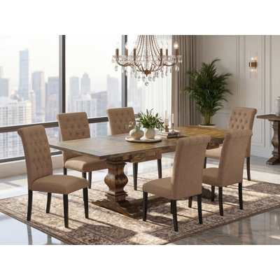 7 Piece Dining Table Set Consist of a Rectangle Removable Leaf Table and 6 Light Sable Linen Fabric Upholstered Chairs, Jacobean