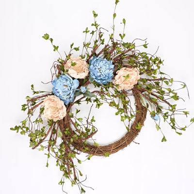 24" Artificial Farmhouse Leafage Twig Peony Floral Wreath For Front Door