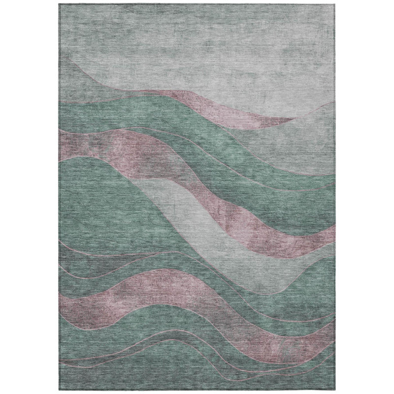 Tapis intérieur/extérieur lavable, abstrait, sauge et rose, 3 m x 4,2 m