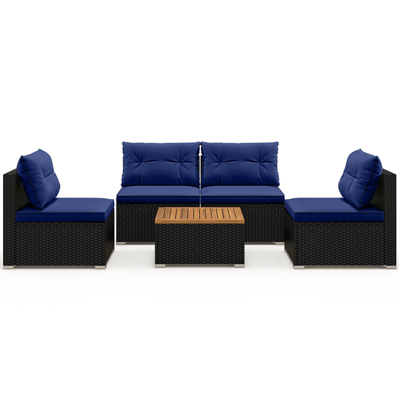 5 PCS Rattan Sofa Set Outdoor Wicker Furniture Set w/ Back Cushions & Square Coffee Table, Navy