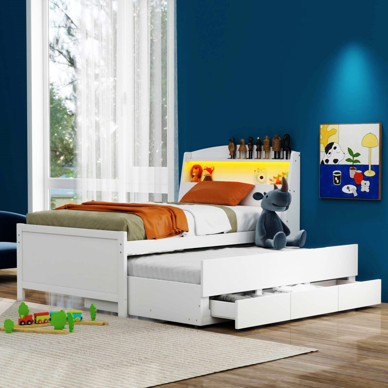 Lit plateforme avec tête de lit à DEL avec rangement, Simple