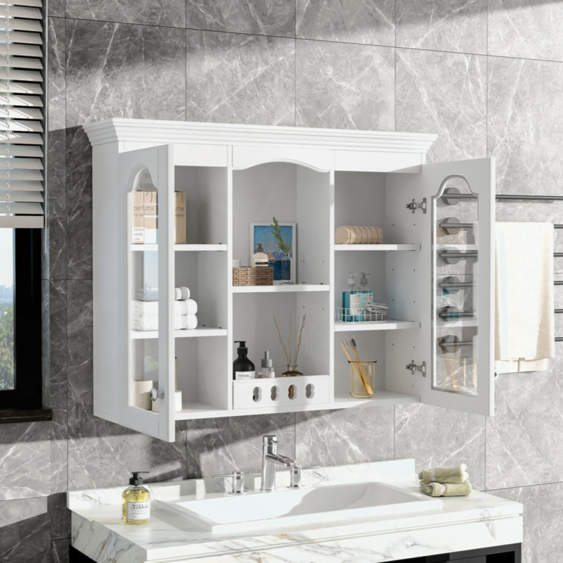 Wall-Mounted Bathroom Medicine Cabinet with 2 Glass Doors | Over-The-Toilet Space Saver, Ample Storage for Essentials