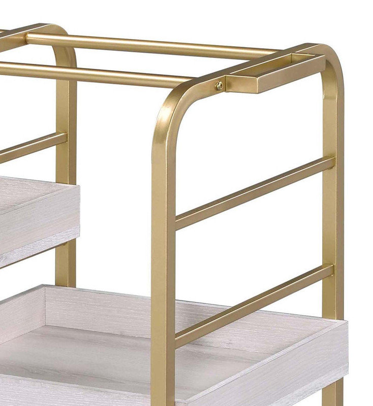 Washed Serving Cart with 4 Adjustable Trays, Gold, White
