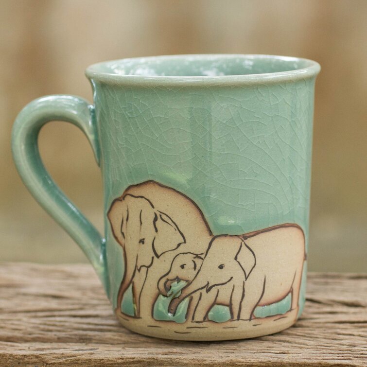 Celadon Ceramic Elephant Mug in Green from Thailand (10 oz.) - Elephant  Handle in Green