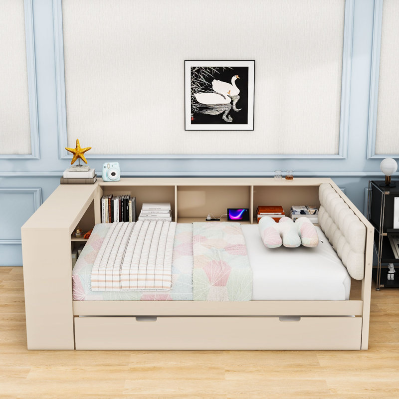 Lit de jour avec couchette, tablettes de rangement et station de charge USB intégrée, Complet/Double, Crème