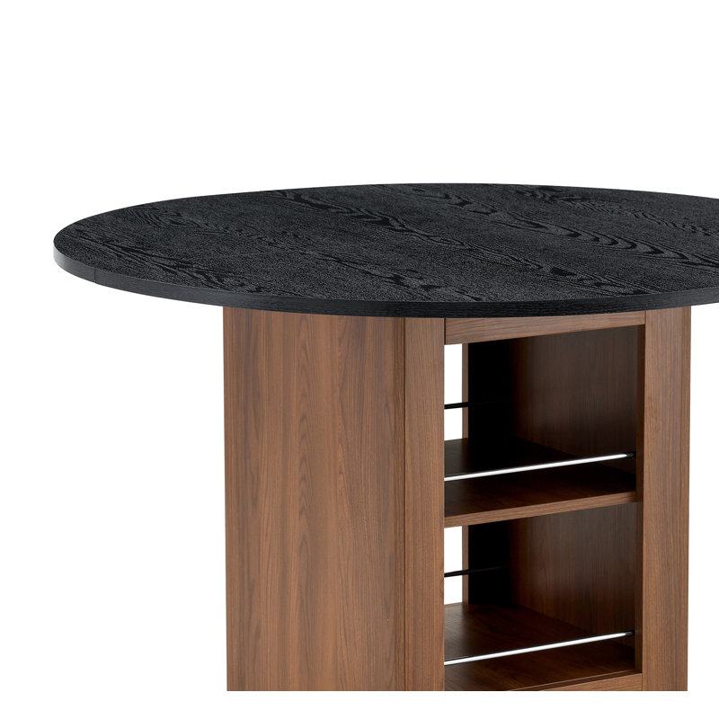 Table de salle à manger ronde en MDF noir de 107 cm (42 pouces), piètement en bois avec étagères de rangement ouvertes à deux niveaux, patins antidérapants, idéale pour la cuisine ou un appartement.