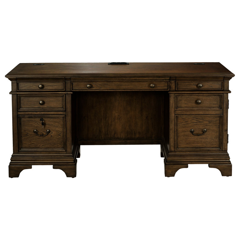 Bureau en chêne bruni avec cinq tiroirs, style élégant, dactylographie ergonomique, profondeur de 24 pouces, bois et 5 tiroirs pour un espace de travail organisé, grain en évidence, forme rectangulaire, 66 x 24 x 31,42 pouces,