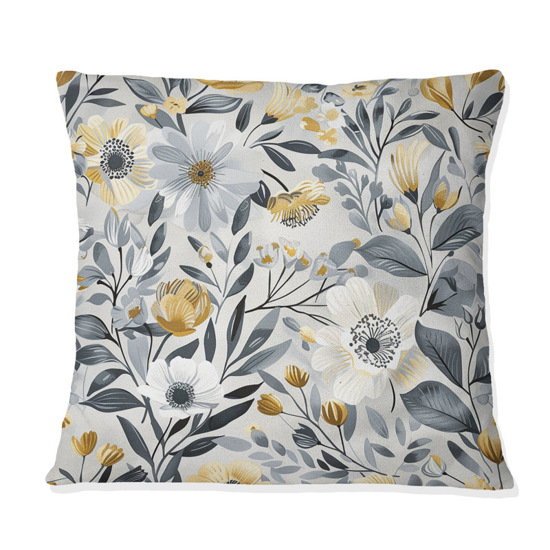 Motif de fleurs blanches et grises paradisiaques - coussin Boho, H 16 po x l 16 po, Carré
