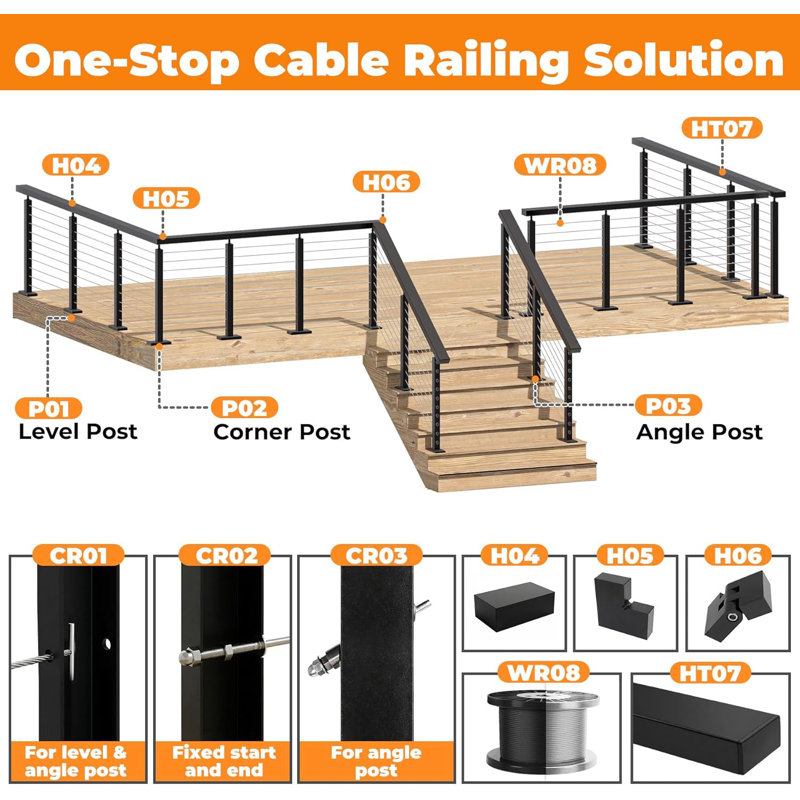 Main courante noire en acier inoxydable 8 pi pour système de rampe à câbles (main courante 8 pi), 8FT Railing
