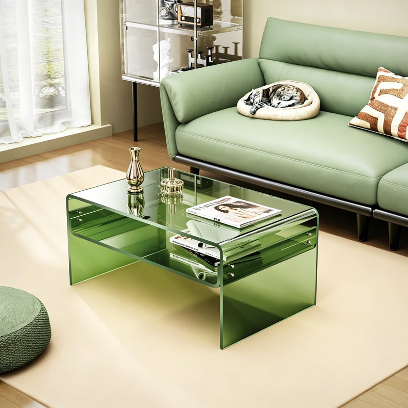 Table basse en acrylique transparent pour le salon, table de bout rectangulaire moderne en Lucite avec tablette de rangement ouverte, design contemporain robuste et facile à nettoyer