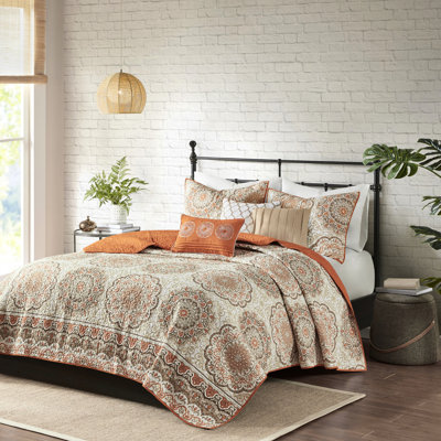 Courtepointe réversible 6 pièces orange - très grand / très grand, motif à médaillon floral, coussins brodés, imprimé moderne très lavable à la machine avec médaillons, tissu doux, 1 taie décorative et 2 coussins décoratifs