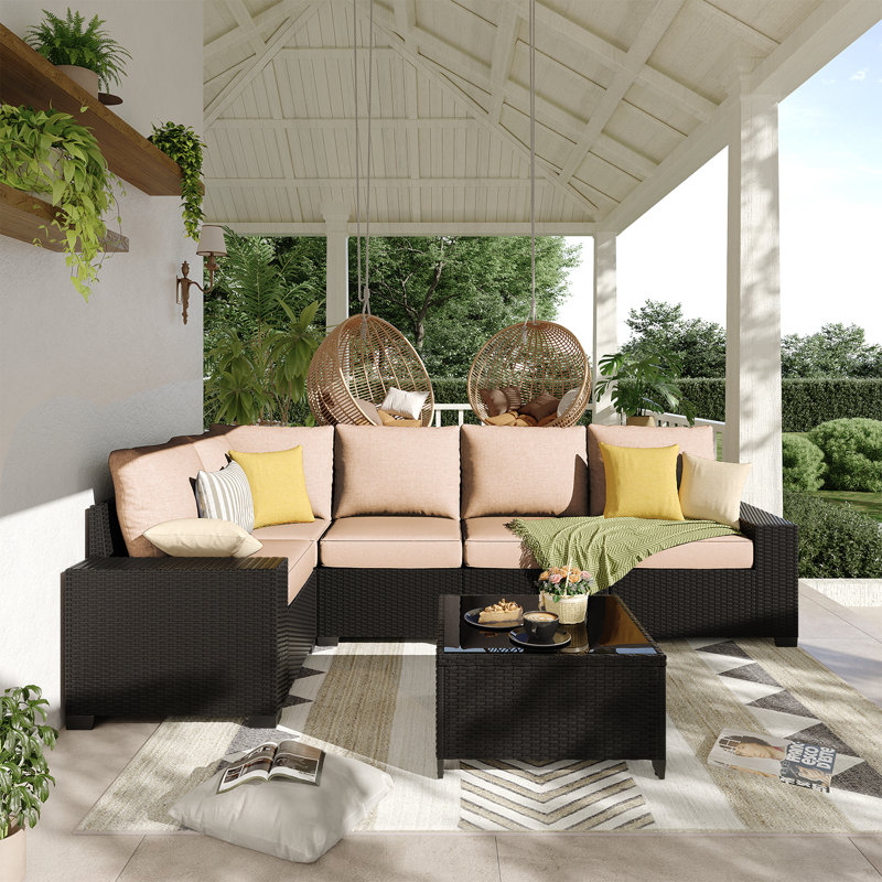 Ensemble de meubles de patio 6 pièces, avec coussins et table basse en verre, ensemble de canapé modulaire en osier de rotin Pe
