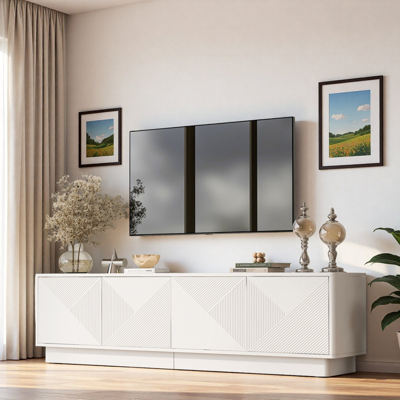 Meuble télé élégant avec portes à motif ondulé, tablettes réglables et bande à DEL, Blanc