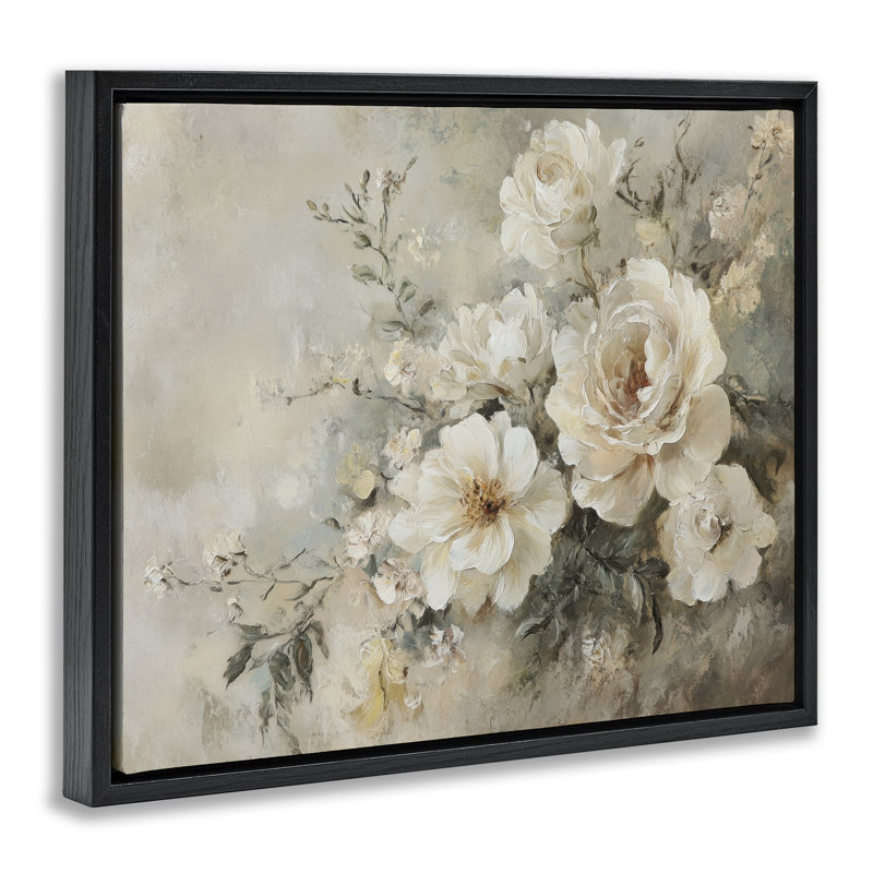  "Beige Faded Florals", art mural sur toile par Petal Prints Design, H 17 po x l 21 po, Cadre flottant noir de jais