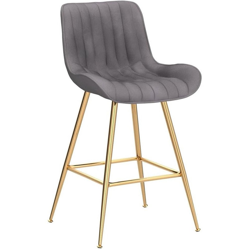 Ensemble de 2 tabourets de bar modernes en velours à hauteur de comptoir avec dossier, repose-pieds et structure dorée, gris