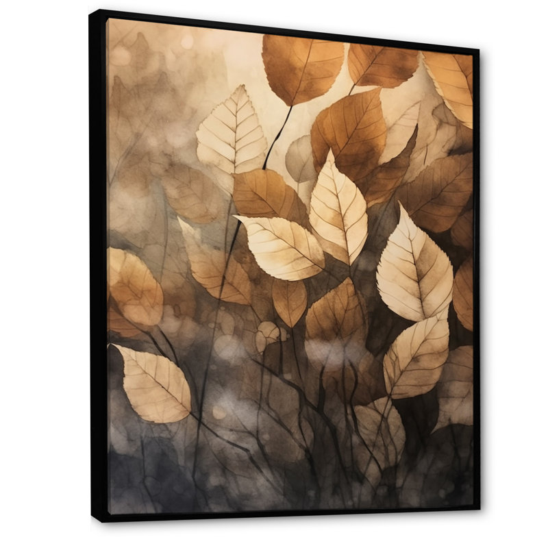 Art mural sur toile botanique, impression de feuille beige brun - Harmonie des feuilles beige brun, Cadre flottant noir
