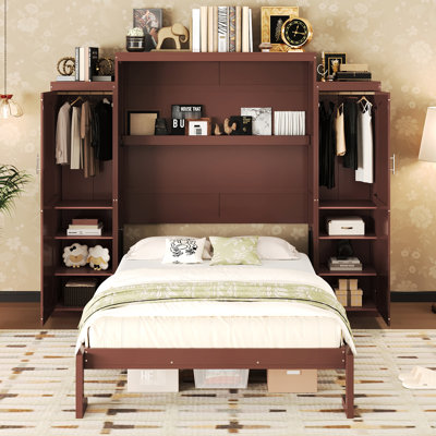 Grand lit escamotable mural avec 2 garde-robes et étagères pivotantes, cadre de lit plateforme pliable pour rangement intégré verrouillable pour garde-robe, noyer élégant