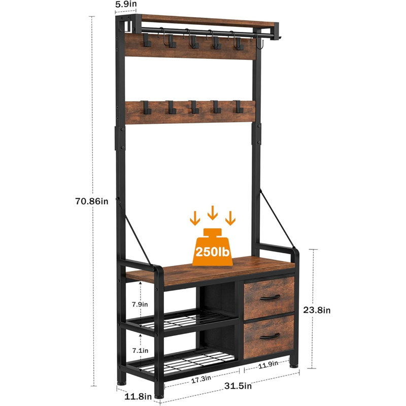 Entryway Coat Rack With Entry Bench, Freestanding With Smart Shoe Bench And Wall-Mount Design, Practical For Foyers.