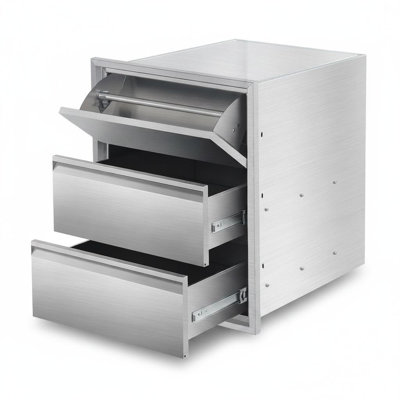 304 Stainless Steel Outdoor Kitchen Drawers with Paper Towel Holder, Weatherproof 3-Layer Built-In BBQ Island Storage Cabinet, Flush Mount for Patio, Garden, or Bar, 17" W x 30" H x 21" D
