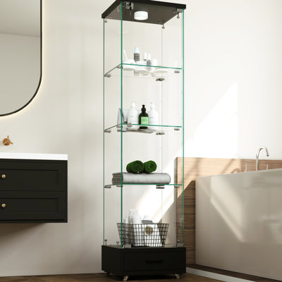 Stylish Black Tempered Glass Display Cabinet With 13 - Colour Led Lights, 4 Shelf 1 Door For Living And Dining Room In Small Spaces Bookshelf Drawer Office Space