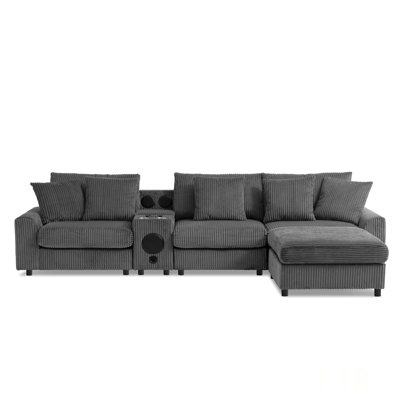 112*64'' Corduroy Sectional Sofa With Bluetooth Speakers, L-Shaped Couch With Console, USB Charger, Cup Holders, Storage, Ottoman, Deep And Wide Seat For Living Room & Apartment