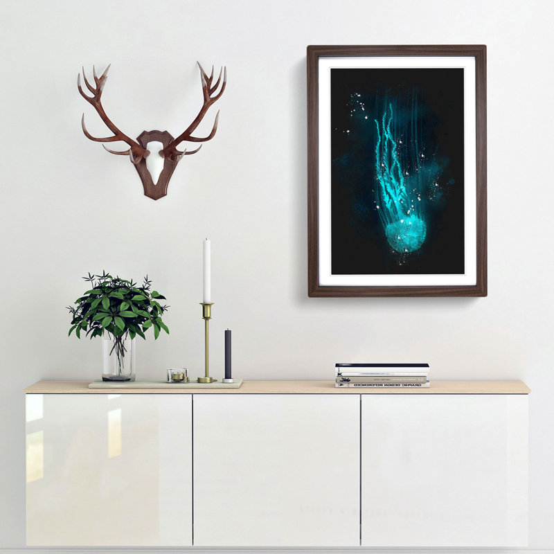 Neon Blue Jellyfish Abstract - Picture Frame Graphic Art Print, 45cm H x 33cm W x 2cm D, Walnut Framed