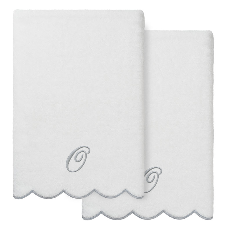  100% Turkish Cotton ADORNIA Scallop 2PC Personalized Bath Towel Set, O, White/Grey, Bath Towel - 2 Pack