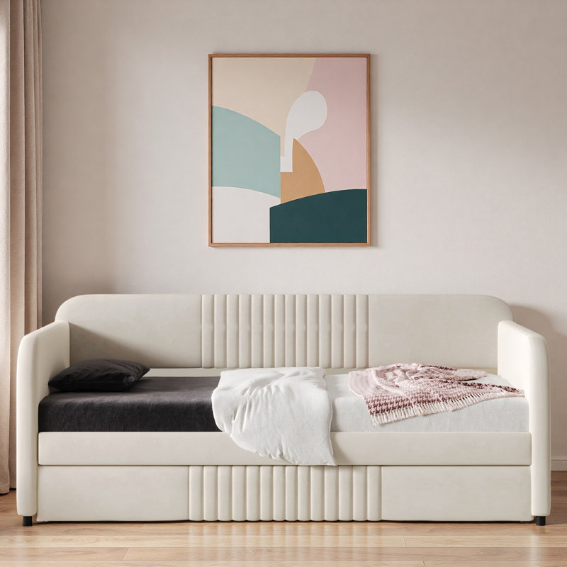 Upholstered Daybed With Trundle And Wood Slat, Beige