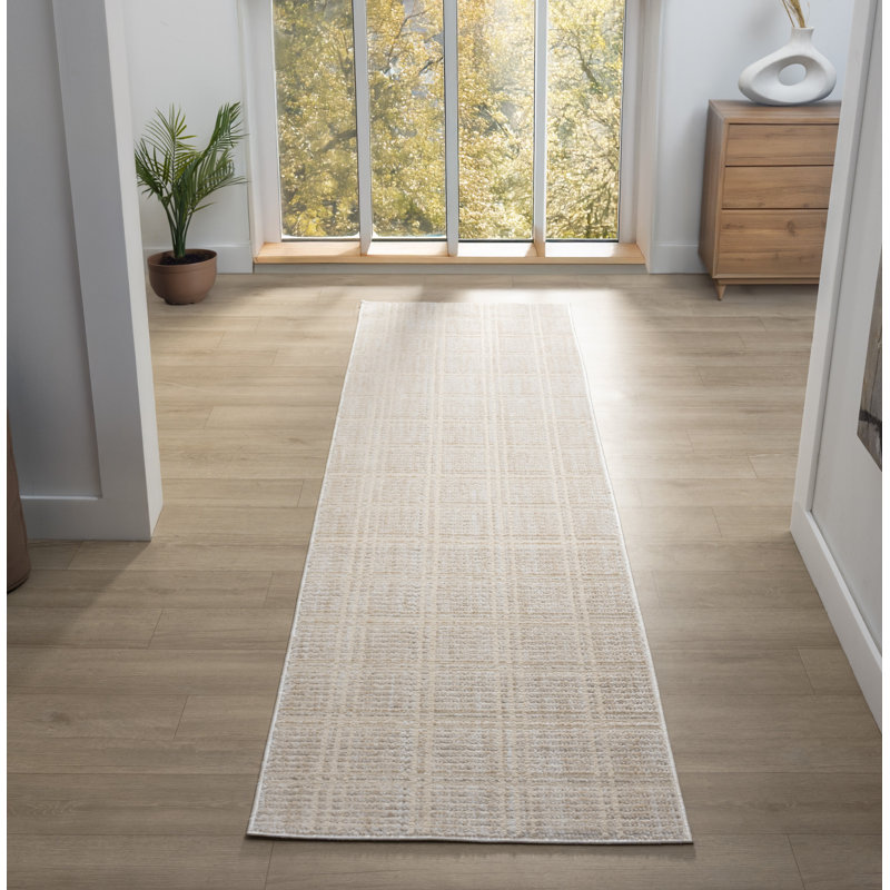 Nomad Collection White/Beige Plaid Patterned Area Rug, 2'4 x 8' Runner, Runner 2'1" x 7'9"