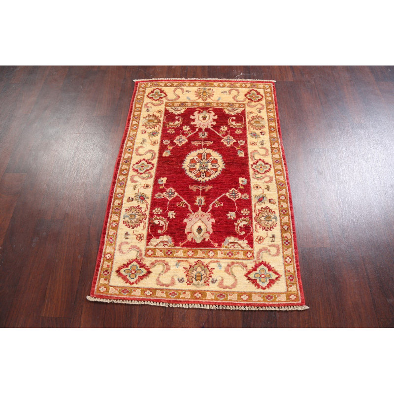 Tapis rouge en laine noué à la main de conception unique 2 pi 7 po x 3 pi 11 po Lucijana