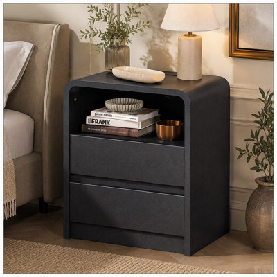 Table de chevet moderne avec station de charge, table de chevet en bois de 25 po de hauteur avec 3 tiroirs et ports USB, table de bout Mid-Century pour la chambre à coucher (1, lisse noir, 2 tiroirs)